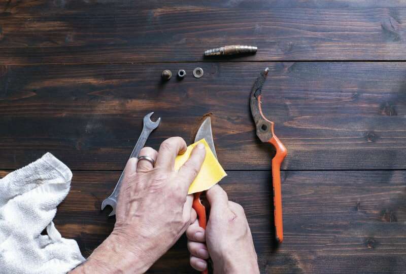 mains d'hommes nettoyant et assemblant une paire de ciseaux de jardin. Préparation du jardin au printemps. Image avec espace de copie