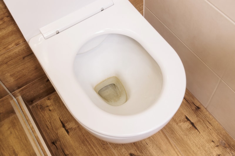 Il s'agit d'une vue aérienne d'une toilette avec des taches de calcaire dans la cuvette.