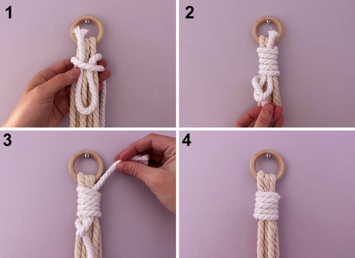 Mains montrant comment faire un nœud de rassemblement avec un cordon de macramé.