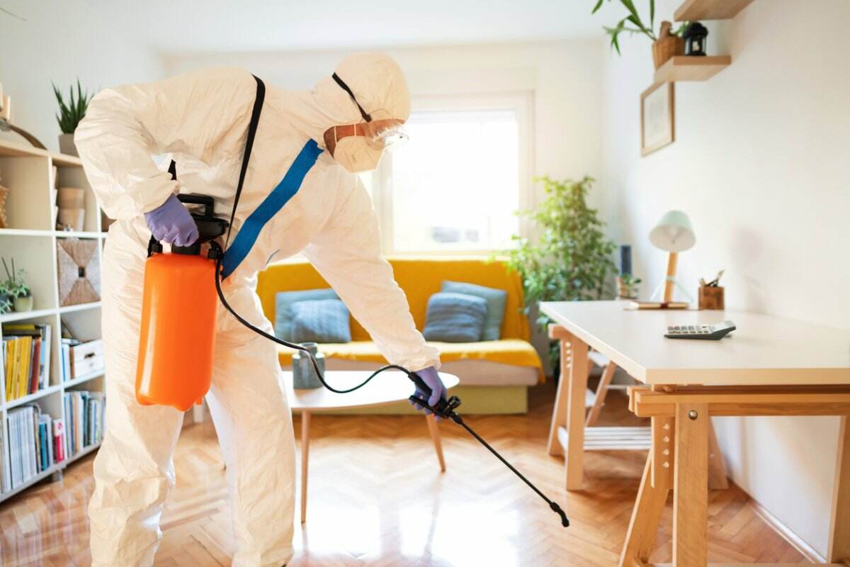 Un exterminateur vêtu d'une combinaison blanche pulvérise une solution dans un bureau à domicile. 