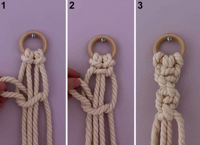 Mains montrant comment faire un nœud en spirale avec un cordon de macramé.