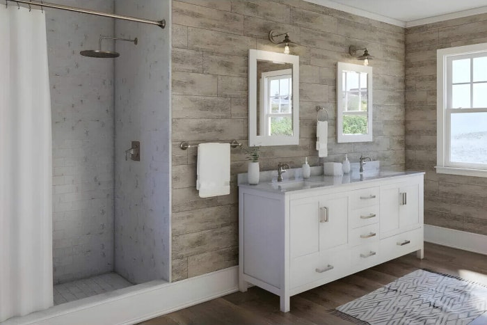 Salle de bain lumineuse avec divers carreaux à texture bois