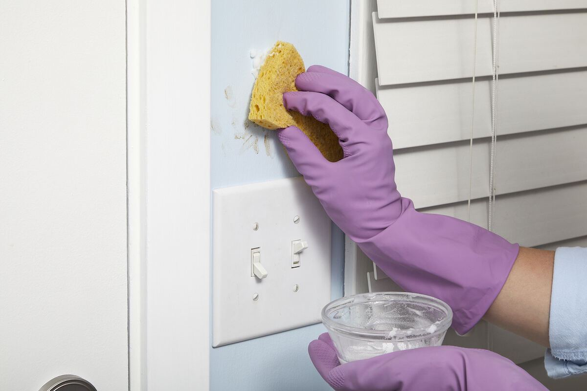 Une femme applique une pâte de bicarbonate de soude sur une tache sur un mur peint.