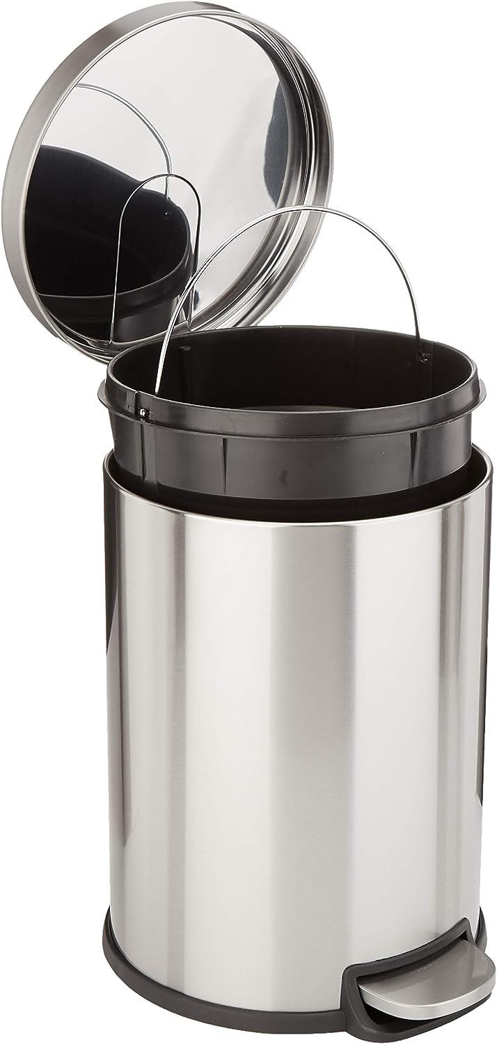 Amazon Basics Poubelle ronde cylindrique avec pédale de fermeture en douceur, 20 litres/5,3 gallons, acier inoxydable brossé