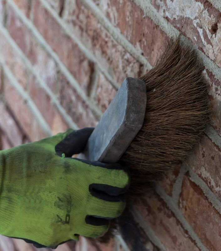 Utilisation d'un pinceau sur un mur de briques