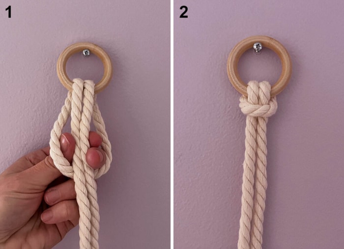 Mains montrant comment faire un nœud de tête d'alouette avec un cordon de macramé.