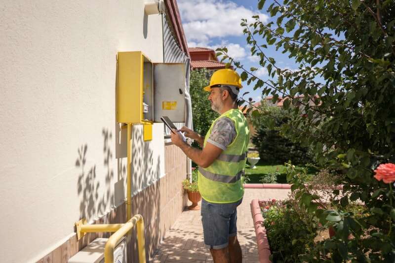 Technicien réparant un four à gaz à l'aide d'une tablette numérique