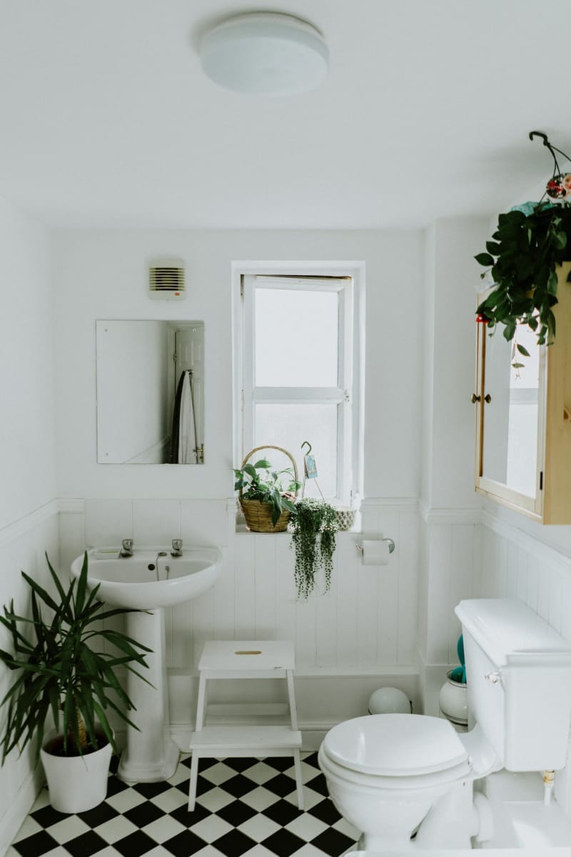 Une salle de bain blanche avec plusieurs plantes d'intérieur et un carrelage à carreaux noir et blanc.