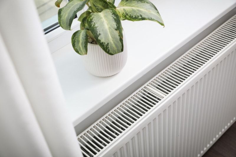 Belle plante d'intérieur sur le rebord de la fenêtre et radiateur moderne à la maison. Système de chauffage central