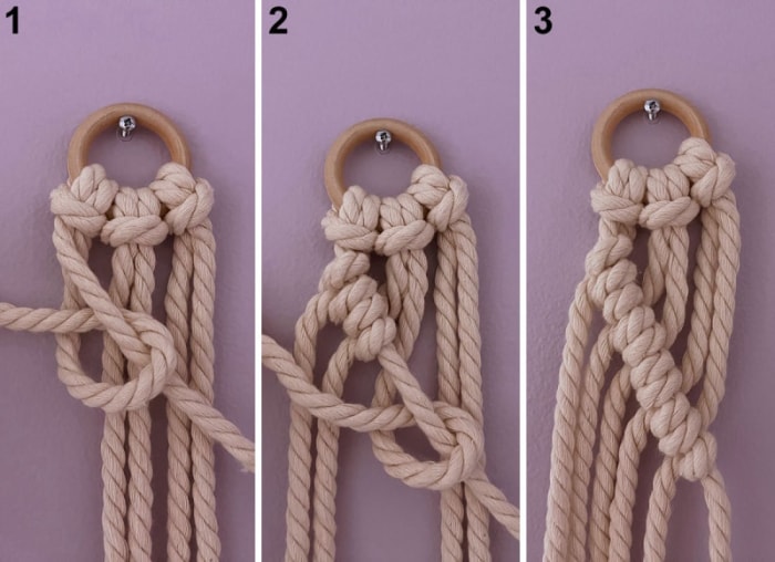 Mains montrant comment faire un nœud double diagonal avec un cordon de macramé.