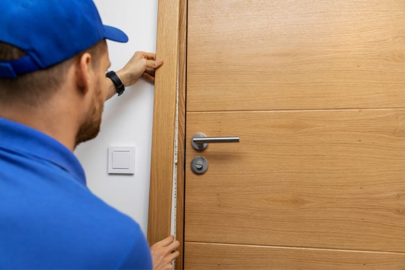 Un ouvrier en chemise bleue utilise une chemise bleue pour terminer l'installation d'une porte. 